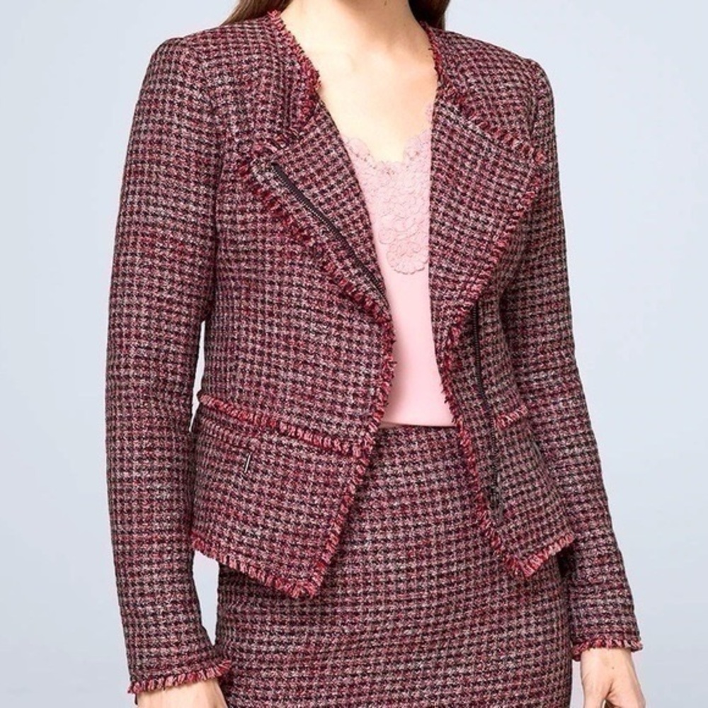 White House Black Market Tweed Moto Blazer Jacket Red Black Metallic Size 0 - Picture 12 of 12